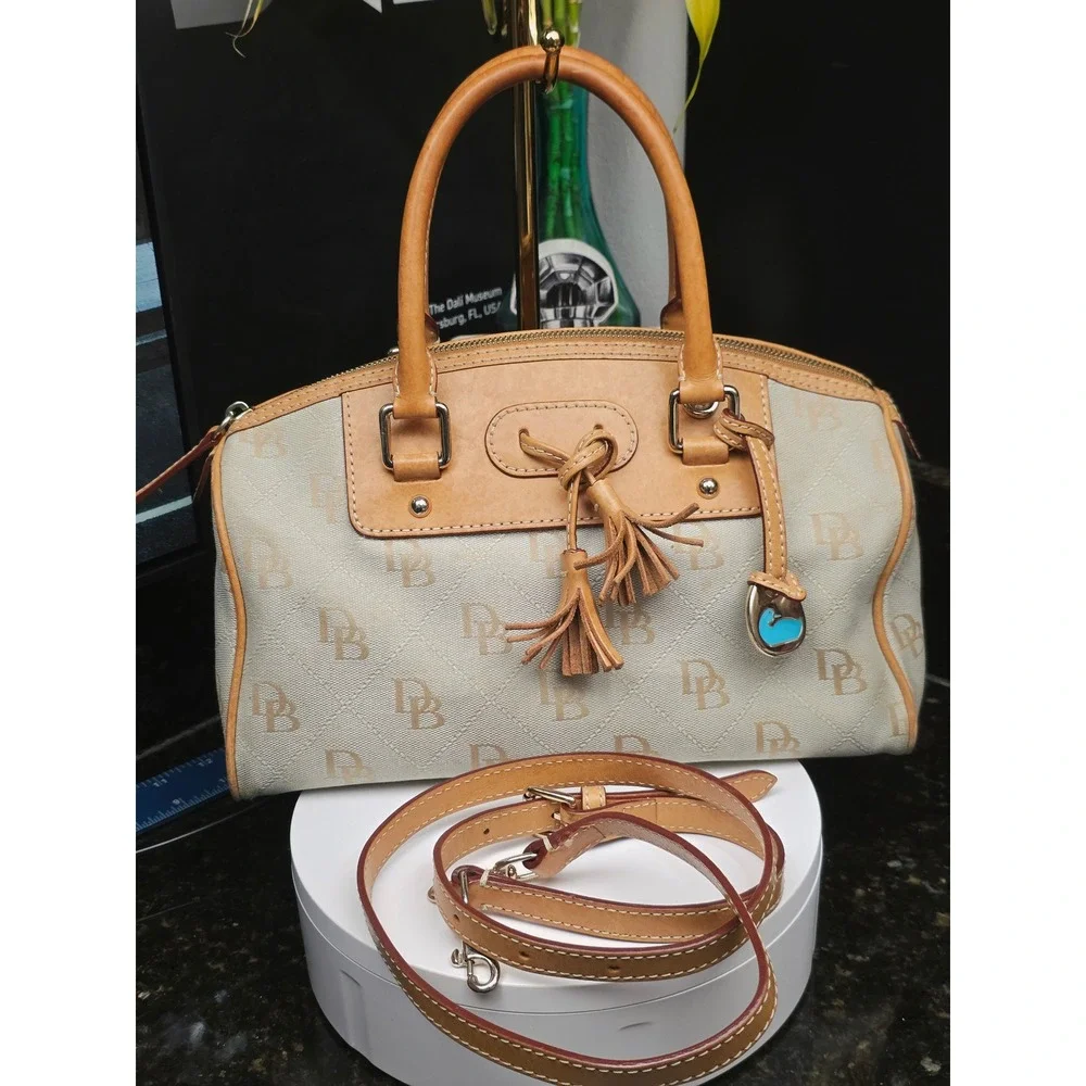 Dooney & Bourke Domed Tassel Satchel Cream Tan Monogram Jacquard Crossbody Bag